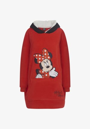 Abito con cappuccio in pile rosso, foderato in sherpa bianco, con un design stampato di Minnie Mouse e una tasca frontale, dettagli neri e polsini elasticizzati.
