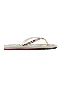 Sandal jepit dengan tali putih, pola bunga dalam warna pink dan abu-abu di sol, serta aksen pink di midsole. Bahan karet.