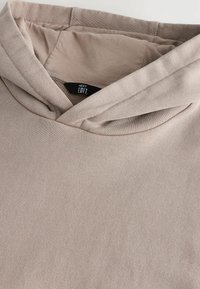 Sudadera con capucha en beige claro, hecha de una tela suave con una textura lisa. Presenta una abertura profunda en el cuello y detalles de costura sutiles.