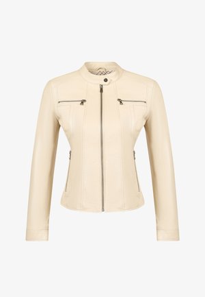 Crèmekleurige leren jas met ritssluiting aan de voorkant, opstaande kraag met drukknop en vier ritssluitingzakken, getailleerde pasvorm.