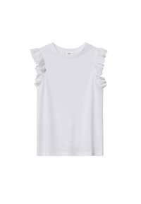 Witte mouwloze top met delicate kantaccenten bij de schouders. Zachte, gladde textuur met een ronde halslijn en een losse pasvorm.