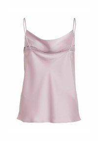 Camisola di raso rosa chiaro con sottili spalline regolabili, design con scollo drappeggiato e texture liscia e lucida. Stile minimalista, senza motivi.