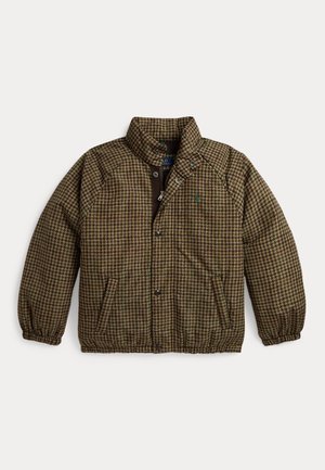 Veste marron et verte à motif pied-de-poule, col montant, fermeture éclair frontale et boutons-pression, poignets élastiques et poches latérales.