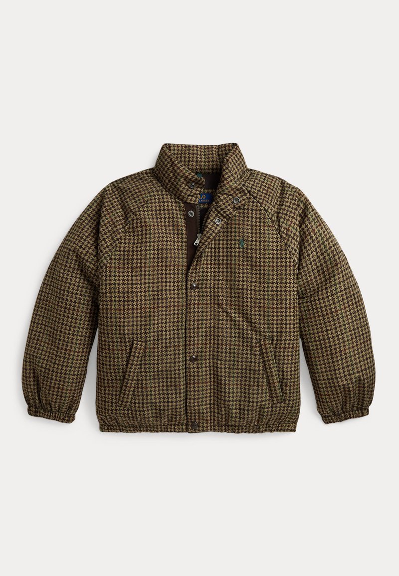 Καφέ και πράσινο σακάκι με σχέδιο καρό houndstooth, με όρθιο γιακά, φερμουάρ στο μπροστινό μέρος και κουμπιά με τσαντάκια, ελαστικά μανσέτα και πλαϊνές τσέπες.