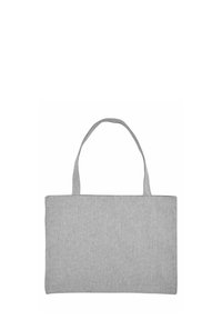 Borsa a spalla grigia in tessuto con due manici, forma rettangolare, superficie liscia e senza motivi o dettagli hardware visibili.