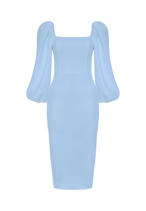 Jasnoniebieska sukienka midi z kwadratowym dekoltem i długimi, puszystymi, obszernymi rękawami, dopasowana w talii i na biodrach.