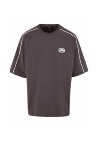 Mørkegrå kort�ærmet t-shirt lavet af blødt stof. Har en rund hals, hvide detaljer på skuldrene og et logo på brystet.