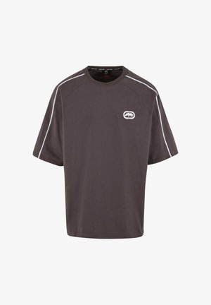 Dark gray short-sleeve t-shirt made from a soft fabric. Features a rounded neck, white accents on shoulders, and a logo on the chest.