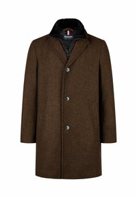 Grau-brauner Tweed-Mantel mit strukturiertem Muster, Reverskragen und Knopfverschluss. Verfügt über seitliche Taschen und ein weiches, schwarz gefüttertes Innenfutter.
