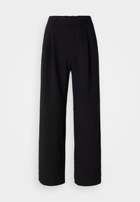 Black wide-leg trousers made from a smooth fabric. Features a fitted waistband and front pleats for added volume. Tailored design.