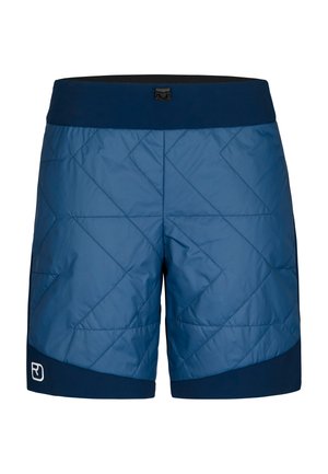 Quilted blue shorts with a dark waistband, featuring a diamond pattern, and a contrasting navy bottom panel with logo detail.