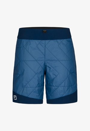 Gepolsterte blaue Shorts mit einem dunklen Bund, die ein Diamantmuster aufweisen und ein kontrastierendes marineblaues unteres Panel mit Logodetail haben.