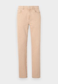 Jeans rectos beige confeccionados en tejido de mezcla de algodón, con cremallera, trabillas para el cinturón y bolsillos frontales y traseros. Textura suave.