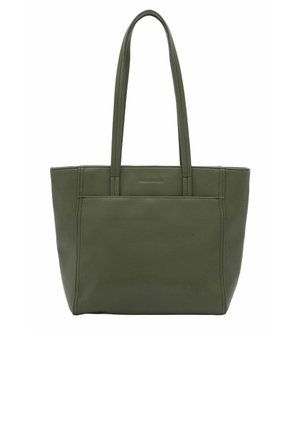 Sac fourre-tout en cuir vert olive avec deux poignées robustes, de forme rectangulaire, texture lisse et détails de couture visibles sur les côtés.