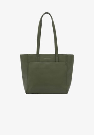 Sac fourre-tout en cuir vert olive avec deux poignées robustes, de forme rectangulaire, texture lisse et détails de couture visibles sur les côtés.