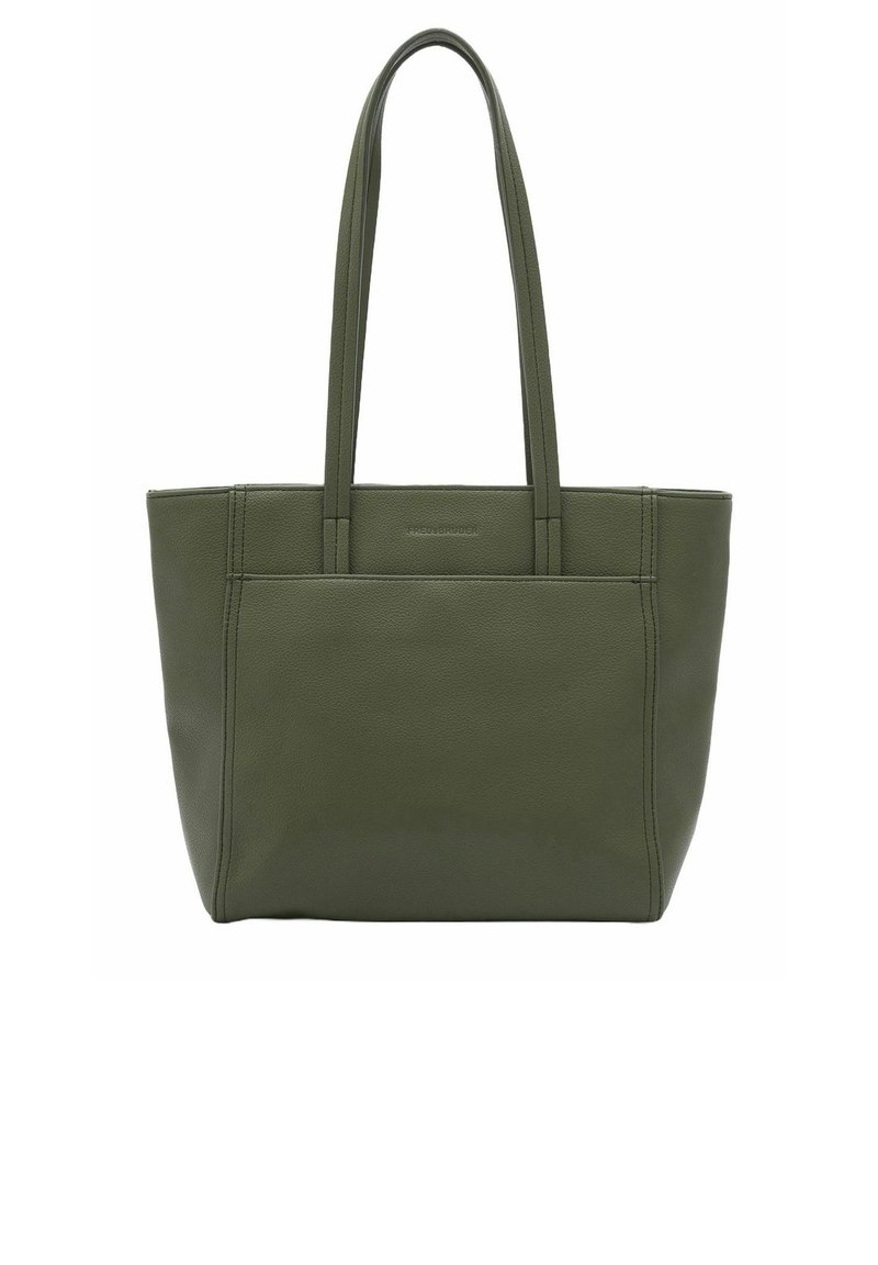 Sac fourre-tout en cuir vert olive avec deux poignées robustes, de forme rectangulaire, texture lisse et détails de couture visibles sur les côtés.