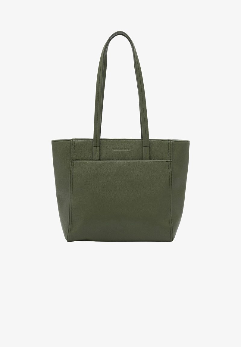 Sac fourre-tout en cuir vert olive avec deux poignées robustes, de forme rectangulaire, texture lisse et détails de couture visibles sur les côtés.