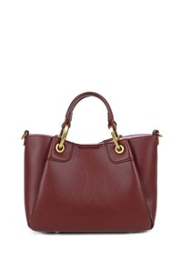 Borsa in pelle bordeaux con accessori in oro, forma strutturata e doppi manici. Presenta una superficie texturizzata e una chiusura superiore.