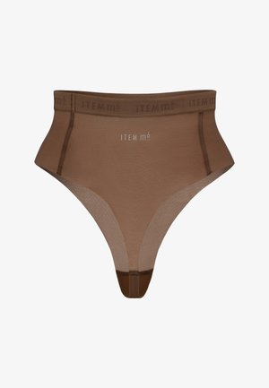 Bruine high-waisted onderbroek van soepel materiaal, met een contrasterende tailleband met het "ITEM m6" logo en subtiele doorschijnende panelen.