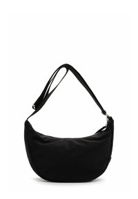 Borsa a spalla in tessuto nero con forma arrotondata, tracolla regolabile e dettagli in zip argentati. Texture liscia, design minimalista.