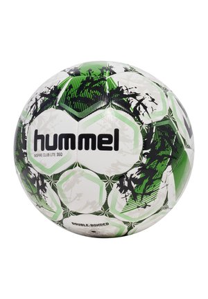 Piłka nożna Hummel Inspire Club Lite 350, biała z zielonymi akcentami i czarnymi wzorami, heksagonalny wzór, teksturowana powierzchnia, podwójnie zespolona.