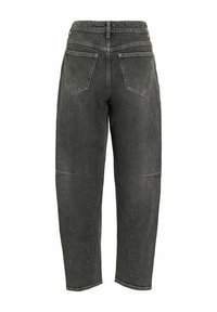 Jean denim noir taille haute avec deux poches arrière et des coutures discrètes au niveau des genoux, présenté de dos sur un fond blanc.
