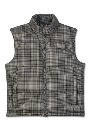 Pildīts šūnu krāsas veste ar augstu apkakli, kas aprīkota ar priekšējo rāvējslēdzēju un divām sānu kabatām. Izgatavota no sintētiska auduma neitrālās krāsās.