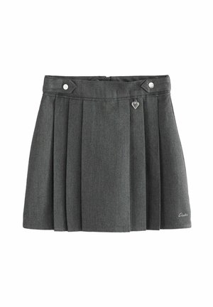 Grauer plissierter Rock aus gewebtem Stoff, mit zwei vorderen Knöpfen und einem herzförmigen Anhänger, mit "Clarks" am Saum gestickt.