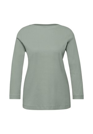 Long-sleeve ribbed knit top in sage green with a round neckline and straight hem, shown on a white background.