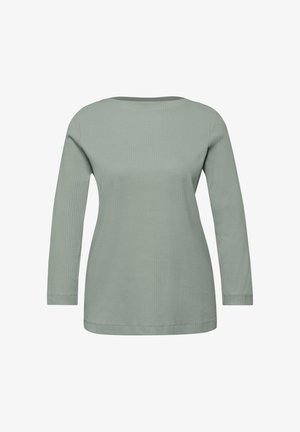 Bluzka z prążkowanego dzianiny z długim rękawem w kolorze szałwiowym, z okrągłym dekoltem i prostym dołem, pokazana na białym tle.