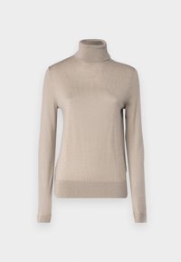 Béžový rolák vyrobený z měkké ribované pleteniny. Má dlouhé rukávy a přiléhavý střih, s jemnou texturou a pružností.