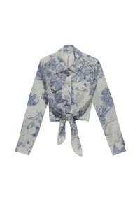 Blauwe en witte bloemenprint cropped shirt met lange mouwen, knoopsluiting aan de voorkant en strikdetail in de taille. Gemaakt van lichtgewicht stof.