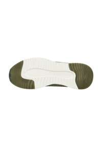 Zielono-biała podeszwa sneakersów z fakturowanym bieżnikiem, gładką białą podeszwą środkową i zaokrąglonym designem palców.