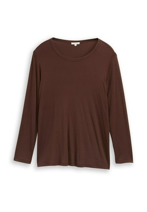 Brauner Langarm-Pullover aus weichem, leichtem Stoff mit Rundhalsausschnitt und lässiger Passform. Er zeichnet sich durch minimalistische Nähte und keine weiteren sichtbaren Akzente aus.