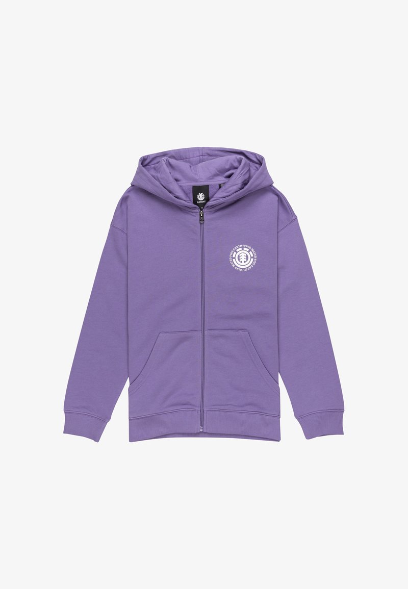 Felpa con zip di colore viola in tessuto misto cotone. Presenta una stampa del logo sul davanti, tasche a marsupio e un grande cappuccio con polsini a coste.