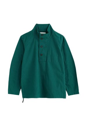 Sinine-sinine pullover koos kõrge krae, nelja nupuga sulguriga, pikkade varrukatega ja paelaga alumises servas.