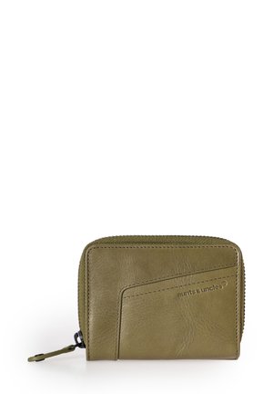 Olive green leather wallet with a zip closure, featuring a diagonal stitched pattern and a front card slot. Brand name embossed on the side.