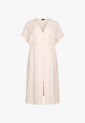 Helebeežist linane kleit V-kaelusega, lühikeste üleskeeratud varrukatega, ees nupud, elastne vöökoht ja seeliku küljes mõhk, et liikumist lihtsustada.