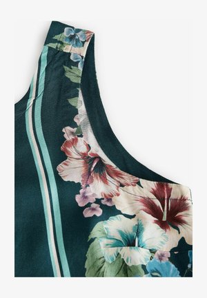 Zeleno cvetno blago z velikim hibiskusom in manjšimi cvetovi; vključuje turkizne črte. Gladka tekstura, brezrokavni dizajn.