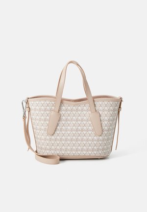 Beige structured tote bag with textured fabric and leather accents. Features dual handles and a detachable shoulder strap.