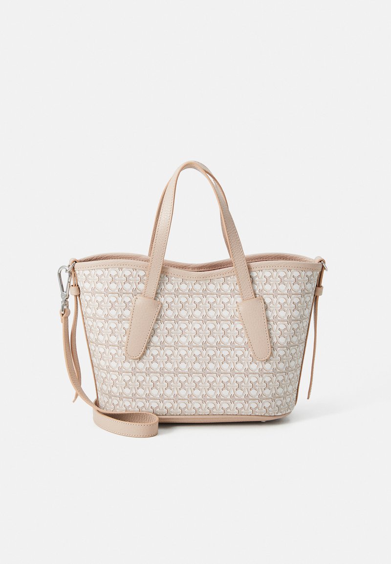 Beige structured tote bag with textured fabric and leather accents. Features dual handles and a detachable shoulder strap.
