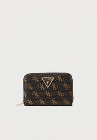 Čierna peňaženka s vzorom, zlaté logo a kovanie. Obsahuje uzatváranie na zips a textúrovaný povrch s prepletanými motívmi.