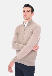 Maglione zip-up beige realizzato in materiale morbido, con colletto alto, taglio slim e polsini a coste. Indossato sopra una camicia bianca.