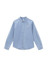 Camicia in denim azzurro chiaro con bottoni frontali, colletto e maniche lunghe. Presenta un piccolo design ricamato sopra il petto sinistro. Texture morbida.