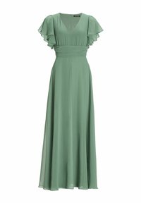 Lange, vloeiende groene jurk van licht materiaal. Heeft vlindermouwen, een V-halslijn en een slim-fit taille. Ritssluiting aan de achterkant.