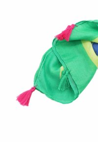 Sciarpa verde con motivi blu e gialli, rifinita con frange rosa ai bordi. Realizzata in tessuto leggero e testurizzato.