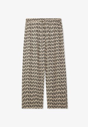 Pantaloni ampi e fluidi in un tessuto crema con un motivo a foglia nera ripetuto. Vita elastica per comfort e facilità di indossarlo.