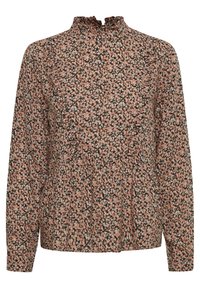 Rosa blus med blommor, hög krage, långa ärmar och plisserad framdel, med en svart bakgrund och små vita och persikofärgade blommor.