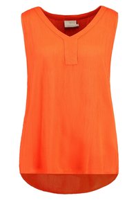 Ærmeløs top i levende orange med V-hals og tekstureret stof. Designet inkluderer en diskret frontslids og en længere bagkant.