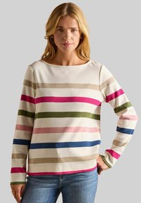 Ilgiem piedurknēm izstrādāta svītraina krekls ar horizontālām svītrām rozā, zaļā, zilā un bežā uz baltas fona, ar plašu kakla izgriezumu un mīkstu tekstūru.